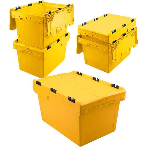 Set, 5x Mehrwegbehälter mit Klappdeckel, gelb, verplompbar, LxBxH 600 x 400 x 350 mm, 58 Liter