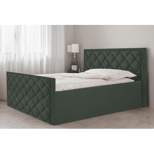 Bett, Boxspringbett DORMI mit Fußteil, T25 Topper, Federkern, Doppelbett, Stauraum, 140x200 cm, (Grün - Itaka 10)