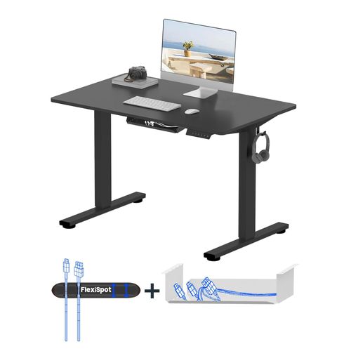 FLEXISPOT Höhenverstellbarer Schreibtisch Basic 100x60cm mit Kabelmanagement und Haken - Ergonomisches Sitz-Stehpult mit einteiliger Tischplatte Black