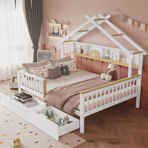 Merax Kinderbett 140x200 mit Dac und Fallschutz, Hausbett Holzbett mit 2 Schubladen und Lagerregal, Einzelbett Weiß+Natur, ohne Matratze