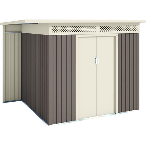 Wasabi - Metall Gerätehaus 5,30 m² Coffee – Mit Holzlager - Doppeltür-Schiebetür - Flachdach - Belüftungsgitter - Außenhäuschen - Lager- und Aufbewahrungsschuppen