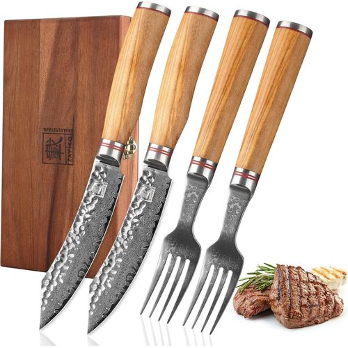 Zayiko Minami Damast 2er Steakbesteck-Set 12 cm Klingen Olivenholzgriffe Holzbox
