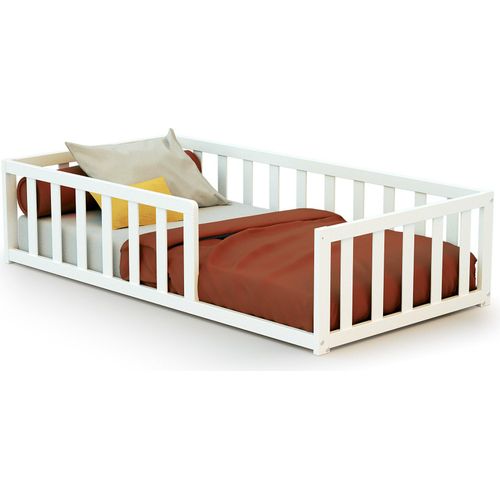 WEBABY - Bodenbett babybett Holz 70x140 cm Weiß | Mit Barrieren | Mit Barrieren | Gitterbett | Kinderbett | Lattenrost inklusive | Schlafkomfort | Autonomie | Sicherheit