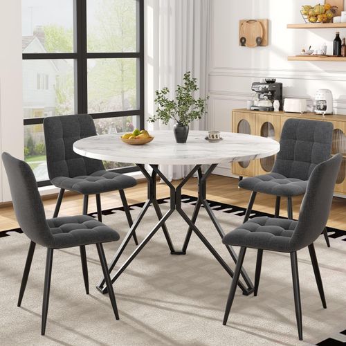 Esstisch-Set (5-teilig),mit 4 Stühlen,Modernes Küchen-Esstisch-Set,Runder Küchentisch,Metallbeine,MDF-Marmor-Tischplatte,Samt-Esszimmerstühle