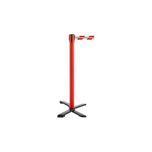 Absperrpfosten RS-Guidesystems® GLA 10, rot, Gurtband rot-weiß/reflektierend & ausziehbar bis 3,5 m, Ø 350 x H 1000 mm, Metall & Kunststoff, 1 Stück