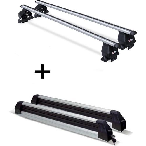 Dachträger Menabo Tema + Skiträger / Snowboardträger / Skihalter Silve Ice ausziehbar) kompatibel mit Chevrolet Aveo (5Türer) 2005-2011
