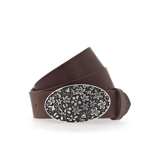Koppelgürtel MUSTANG, Damen, Gr. 11,5, braun (baileys), Rindsleder, unifarben, Gürtel, Florale Koppelschließe in mattem Silber, 3,5 cm