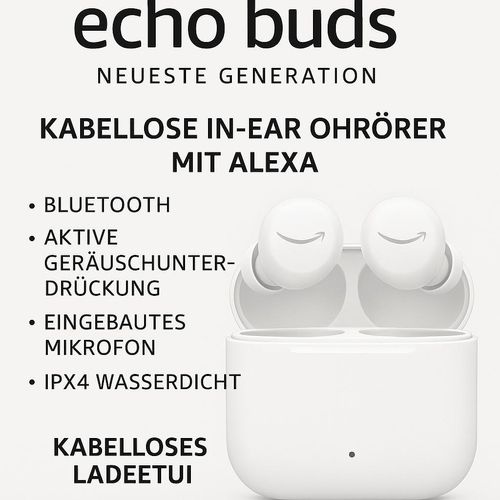 Echo Buds 2Gen. Kabellose In-Ear Ohrhörer Alexa Bluetooth Aktive Geräuschunterdrückung Eingebautes Mikrofon IPX4 Wasserdicht Kabelloses Ladeetui Weiß