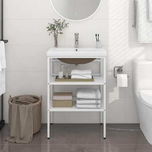 Badezimmer-Waschtischgestell mit Waschbecken Weiß Eisen - Badspiegel 3101374