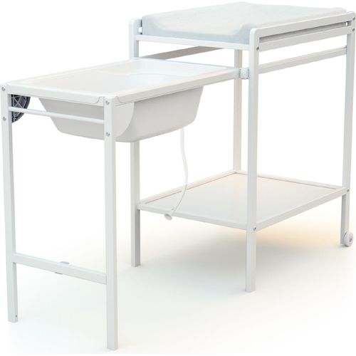 AT4 - Wickeltisch mit Badewanne ESSENTIEL Weiß | Maße aufgeklappt (L x B x H): 148 x 58 x 94 cm | Maße zusammengeklappt (L x B x H): 76 x 58 x 94 cm | Tisch mit Rollen | Mit Ablaufschlauch