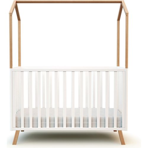 AT4 - Babybett hausbett Holz 60x120 CONFORT Weiß und lackierte Buche |Kinderbett | Gitterbett mit Lattenrost 3 Stufen Höhenverstellbar |Bett umbaubar zum Juniorbett
