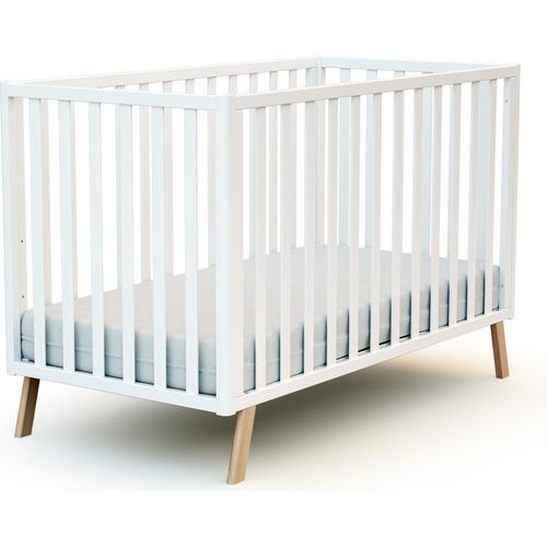 AT4 - Babybett Holz 60x120 CONFORT Weiß | 125,5 x 64 x 81,5 cm |Kinderbett | Gitterbett mit Lattenrost 3 Stufen Höhenverstellbar |Bett umbaubar zum Juniorbett
