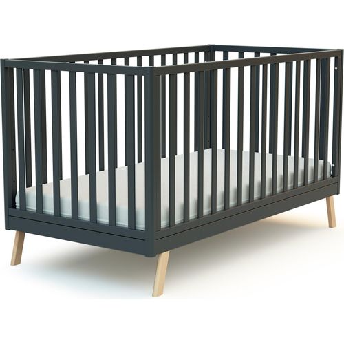 AT4 - Babybett kinderbett Holz KASA Graphitgrau 70 x 140 cm | 146 x 74,5 x 83 cm| Babybett umbaubar zum boden juniorbett mädchen und Jung | Gitterbett mit Lattenrost 3 Stufen Höhenverstellbar |Abnehmbare Bettleiter