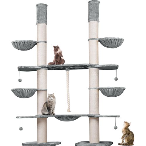 HAPPYPET XXL Kratzbaum-Landschaft für große Katzen - 2-in-1 Aktivitäts- und Sisal-Paradies mit Deckenspanner 280cm hoch | Premium Plüsch