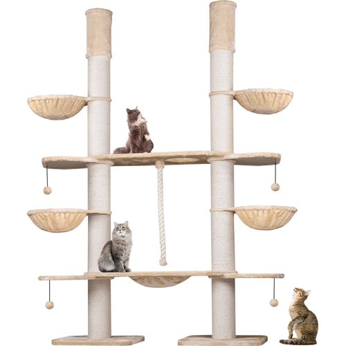 HAPPYPET XXL Kratzbaum-Landschaft für große Katzen - 2-in-1 Aktivitäts- und Sisal-Paradies mit Deckenspanner 280cm hoch | Premium Plüsch