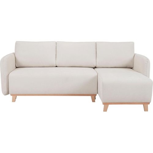 Miliboo - Schlaf-Ecksofa modulierbar beiger Stoff mit Velours-Effekt und helles Holz 3-4 Sitzer ROMANE