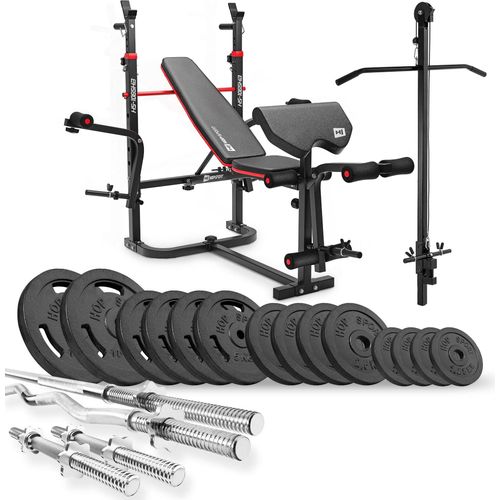 Hop-Sport Hantelbank HS-1065 + Latzugturm und Curlpult - inkl. 76 KG Gusseisen Hantelset: Lang-, Curl- & Kurzhantelstange, Gewichte/Hantelscheiben