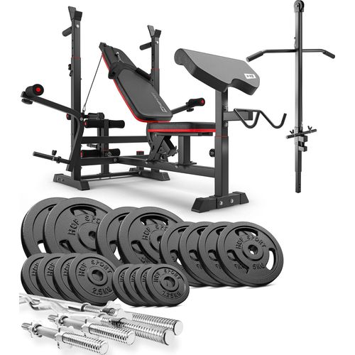 Hop-Sport multifunktionale Hantelbank HS-1075 - mit Curlpult & Latzugturm - inkl. 106 KG Gusseisen Hantelset Lang-, Curl- & Kurzhantelstange, Gewichte