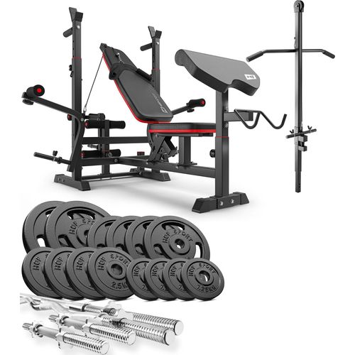 Hop-Sport multifunktionale Hantelbank HS-1075 - mit Curlpult und Latzugturm - inkl. 76 KG Gusseisen Hantelset Lang-, Curl- & Kurzhantelstange, Gewichte