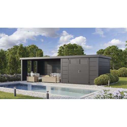 Gartenhaus Classico 3030 inkl. Lounge 4530 links mit Seitendach, Rück- und Seitenwand inkl. Fenster 782 x 318 cm granitgrau