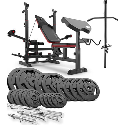 Hop-Sport multifunktionale Hantelbank HS-1075 - mit Curlpult & Latzugturm- inkl. 116 KG Gusseisen Hantelset Lang-, Curl- & Kurzhantelstange, Gewichte