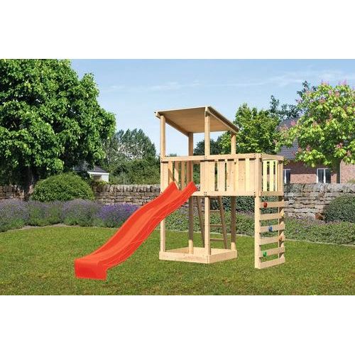 Spielturm Spielhaus Karibu Anna 107 x 107 cm Holz bestehend aus Rutsche, Anbau, Kletterwand rot