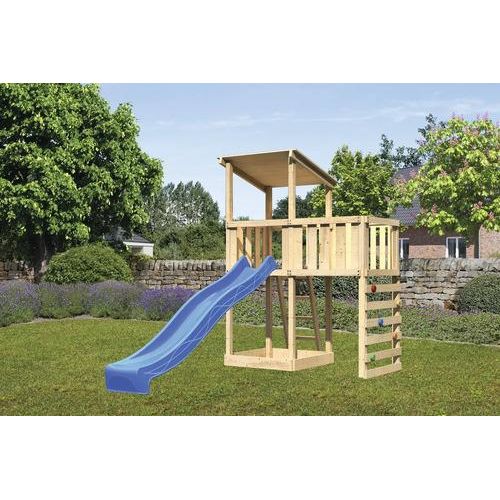 Spielturm Spielhaus Karibu Anna 107 x 107 cm Holz bestehend aus Rutsche, Anbau, Kletterwand blau
