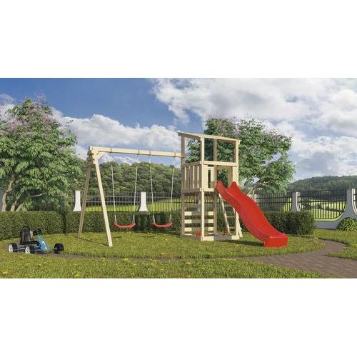 Spielturm Spielhaus Karibu Anna 107 x 107 cm Holz bestehend aus Rutsche, 2 Brettschaukeln, Kletterwand