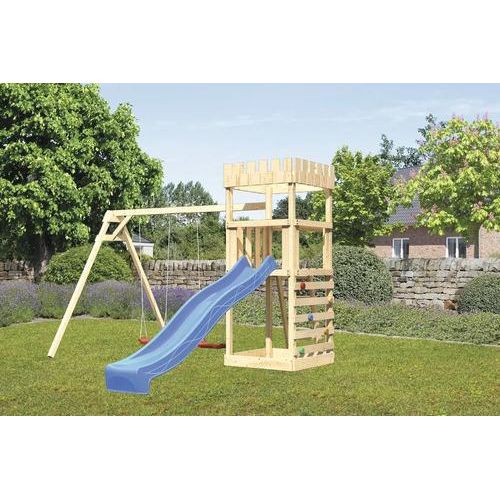 Spielturm Spielhaus Karibu Löwenherz 107 x 107 cm Holz bestehend aus Rutsche, 2 Brettschaukeln, Kletterwand
