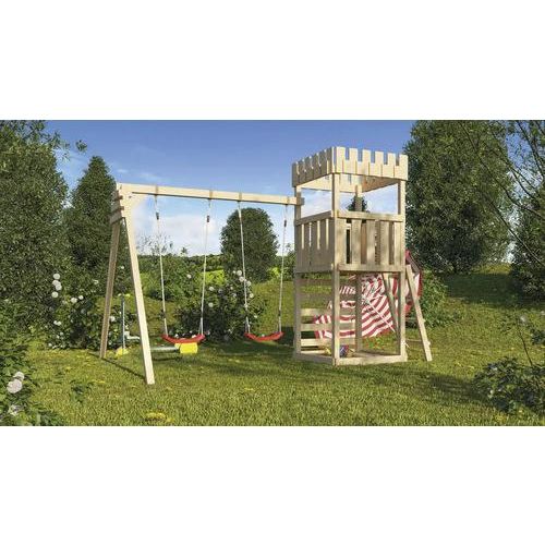 Spielturm Spielhaus Karibu Löwenherz 107 x 107 cm Holz bestehend aus 2 Brettschaukeln, Kletterwand