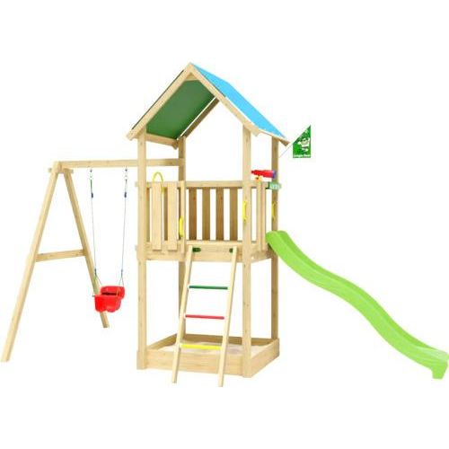 Einzelschaukel Spielhaus mit Stelzen Jungle Gym 444 x 267 cm Holz bestehend aus Fahne, Fernrohr, Grundturm, Handgriff, Kopfschutz, Leiter, Lenkrad, Schaukel, Rutsche, Sandkasten grün