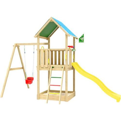 Einzelschaukel Spielhaus mit Stelzen Jungle Gym 444 x 267 cm Holz bestehend aus Fahne, Fernrohr, Grundturm, Handgriff, Kopfschutz, Leiter, Lenkrad, Schaukel, Rutsche, Sandkasten gelb