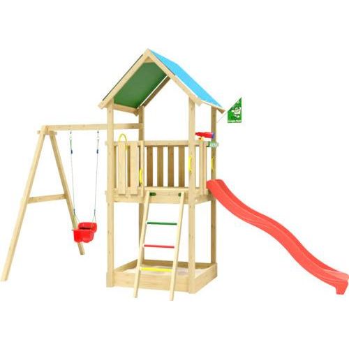 Einzelschaukel Spielhaus mit Stelzen Jungle Gym 444 x 267 cm Holz bestehend aus Fahne, Fernrohr, Grundturm, Handgriff, Kopfschutz, Leiter, Lenkrad, Schaukel, Rutsche, Sandkasten rot