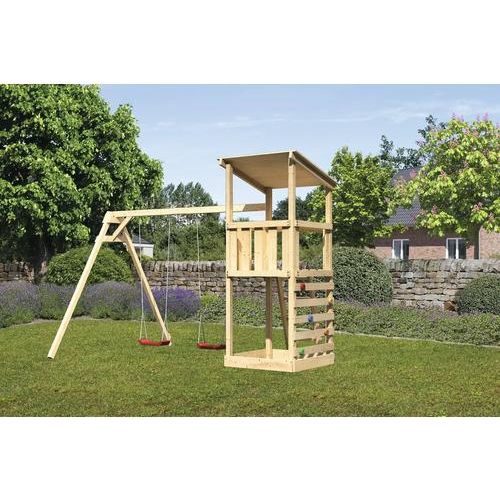 Spielturm Spielhaus Karibu Anna 107 x 107 cm Holz bestehend aus 2 Brettschaukeln, Kletterwand