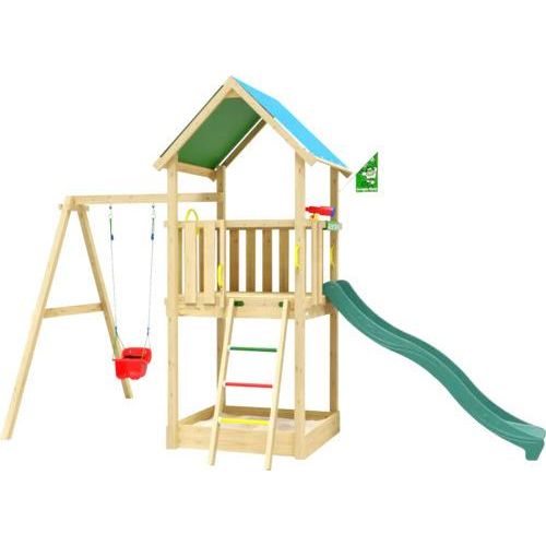 Einzelschaukel Spielhaus mit Stelzen Jungle Gym 444 x 267 cm Holz bestehend aus Fahne,Fernrohr,Grundturm,Handgriff,Kopfschutz,Leiter,Lenkrad,Schaukel,Rutsche,Sandkasten