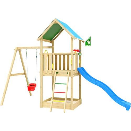 Einzelschaukel Spielhaus mit Stelzen Jungle Gym 444 x 267 cm Holz bestehend aus Fahne, Fernrohr, Grundturm, Handgriff, Kopfschutz, Leiter, Lenkrad, Schaukel, Rutsche, Sandkasten blau