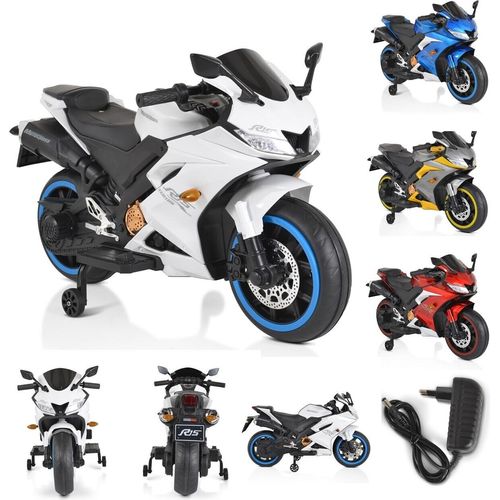 Moni Kinder Elektromotorrad Motocross MP3-Funktion Bluetooth Stützräder Lichter weiß