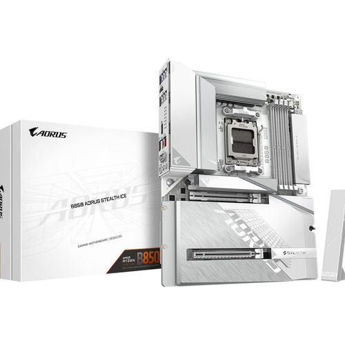 Gigabyte B850 AORUS STEALTH ICE Mainboard – Unterstützt AMD Ryzen 9000 Serie CPUs, digitales 14+2+2 Phasen VRM, bis zu 8200 MHz DDR5 (OC), 2 x PCIe 5.0 + 2 x PCIe 4.0 M.2, Wi-Fi 7, 5 GbE LAN, USB 3.2 Gen 2, AMD, Sockel AM5, AMD Ryzen 7000 Series, AMD