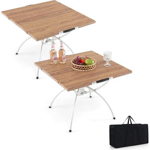 Aluminium Campingtisch, 2er-Set faltbarer Picknicktisch mit ausziehbarem Design, Holzmaserung-Tischplatte, Tragetasche, rutschfeste Fußpolster