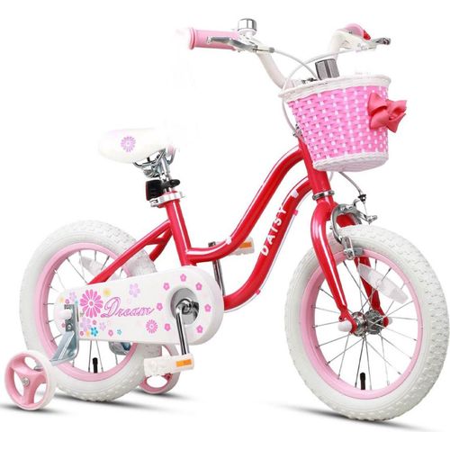Glerc Daisy 14 Zoll Kinderfahrrad rot, für Mädchen 2-6 Jahre, mit Stützrädern, Korb und Luftschlangen