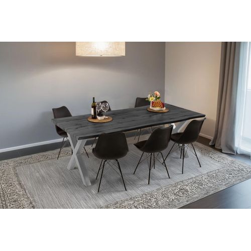 Esstisch Baumkante Holz-Optik Grau 220 x 100 X-Gestell silber JOSY