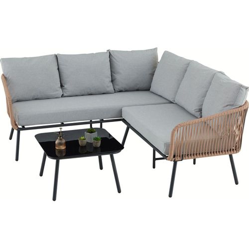 Gartenlounge JAKARTA, braun/grau - Outdoor Ecksofa mit Dreisitzer, Zweisitzer und Beistelltisch, robustes Metallgestell, wasserabweisende Kissen, für Terrasse und Balkon, L-förmige Sitzlandschaft