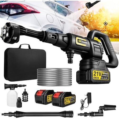 Batteriedruckscheibe, Gisam Mobile Waschmaschine 2 x 4,0AH Batterien, 3-Gang-Modus max. 65BAR, 6-in-1-Düse, 180 ° rotierende Schaumsprühgerät, 5 m Sch