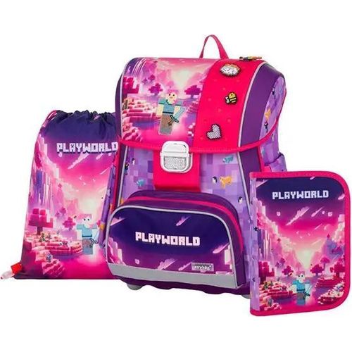 Ergonomischer Schulranzen mit Minecraft-Muster, Schnalle, Stifthalter und Turnbeutel, Premium, Playworld Girl, Lila-Pink