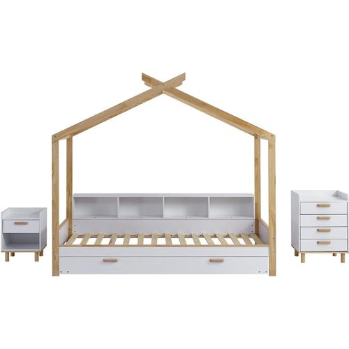 Schlafzimmer Set Kinderzimmer Kombination (Ohne Matratze) Komplett Hausbett+Nachttisch+Kommode Kinderbett Fächern Regale Drop-Down-Rollbett Weiß