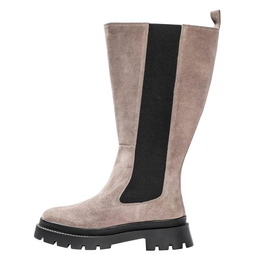 Weitschaftstiefel SHEEGO, Damen, Gr. 38, grau (taupe), Leder, Veloursleder, Schuhe