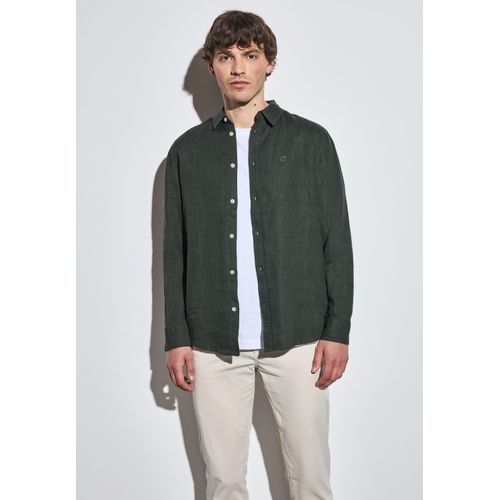 Leinenhemd STREET ONE MEN, Herren, Gr. M (40), US-Größen, grün (pine grün), Stoff, 100% Leinen, unifarben, casual, normal normal, V-Ausschnitt, Langarm Bündchen, Hemden, mit Knopfleiste