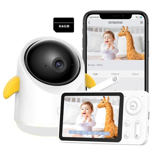 BOIFUN Babyphone mit Kamera, WLAN 2MP Video Babyfon, Smartphone-App-Steuerung, PTZ, Bewegungsverfolgung, IR Nachtsicht, mit 64GB