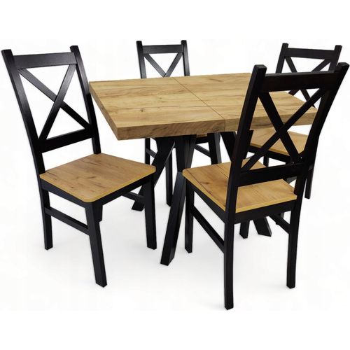 Tisch + 4 Stühle Schwarz + Eiche Craft Quadrat 90x90 erweiterbar auf 190 cm