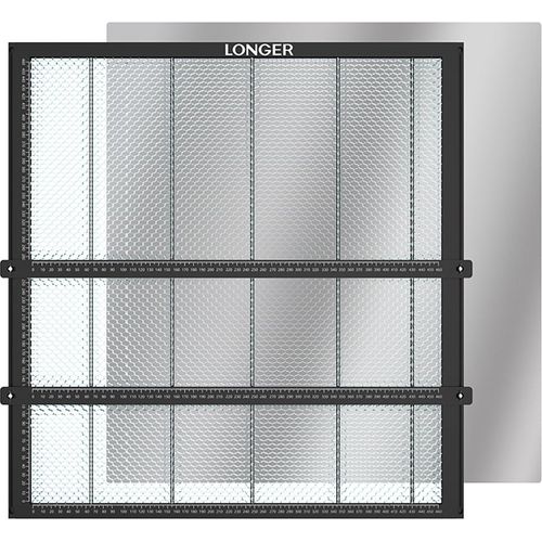 LONGER Waben-Arbeitstisch 500 mm x 500 mm x 22 mm mit Materialklemme, Laserschneid-Wabenplatten-Werkbank, geeignet fuer Dioden-CO2-Lasergravurmaschine, leicht zu beobachtender Schreibtischschutz zum Schnitzen von Holz/Leder/Metall/Acryl